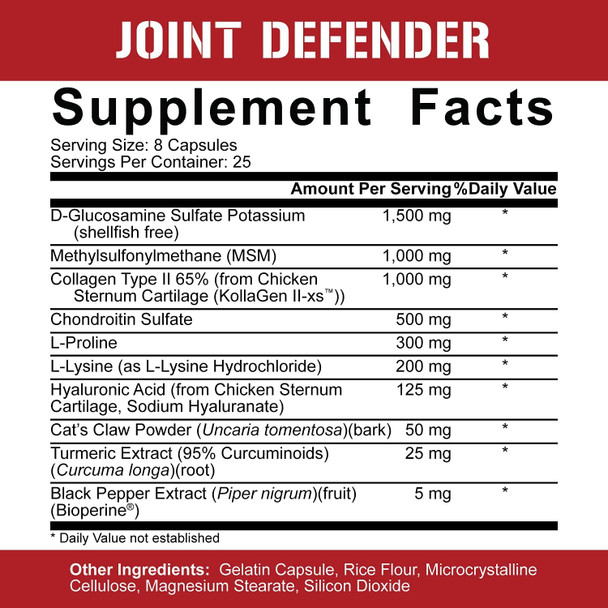 Rich Piana 5% Nutrition Joint Defender Maximum Joint Support Supplement | Collagen, Glucosamine, Chondroitin, Turmeric Curcumin with Black Pepper, MSM, Hyaluronic Acid | 200 Capsules, 25 Servings