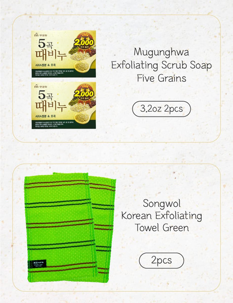Addy & Plusy Five Grains Exfoliating Scrub Soap 3.2Oz 2Pcs + Songwol Korean Exfoliating Towel Green 13Cm X 23.5Cm 2Pcs