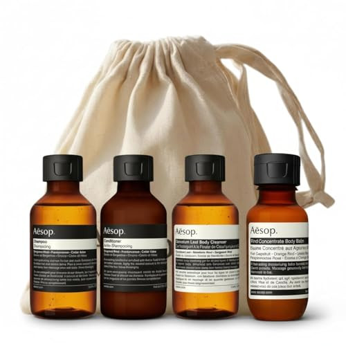 Aesop Arrival Travel Shower Set (4-Piece) Hair & Body Care Kit Shampoo Conditioner Geranium Leaf Body Cleanser & Rind Concentrate Body Balm 1.7Oz/50Ml Each Set With Reusable Canvas Bag
