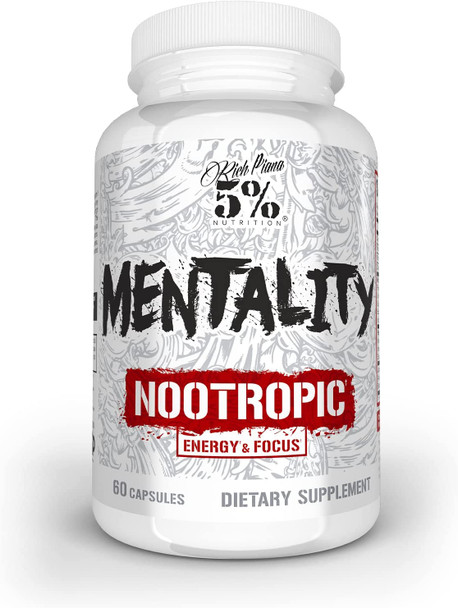 Rich Piana 5% Nutrition Mentality Nootropic Blend | Brain Booster Supplement for Performance, Memory, Mental Clarity | Ginseng, Ginkgo, L-Theanine, Choline, Huperzine, 60 Capsules (30 Day Supply)