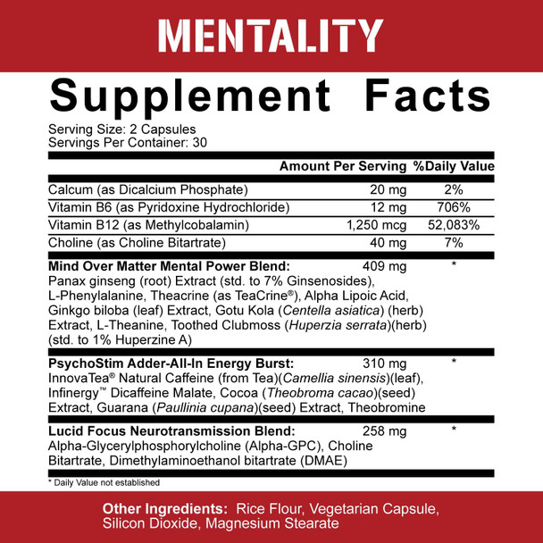 Rich Piana 5% Nutrition Mentality Nootropic Blend | Brain Booster Supplement for Performance, Memory, Mental Clarity | Ginseng, Ginkgo, L-Theanine, Choline, Huperzine, 60 Capsules (30 Day Supply)