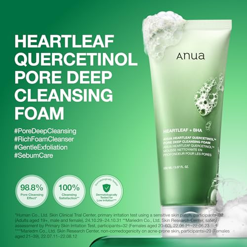 Anua Heartleaf Quercetinol Pore Deep Cleansing Foam Face Wash For Pore Refining Cleanser Hydrating Daily Facial Cleanser For Double Cleansing Gentle Foaming With Bha Korean Skincare 5.07 Fl.Oz