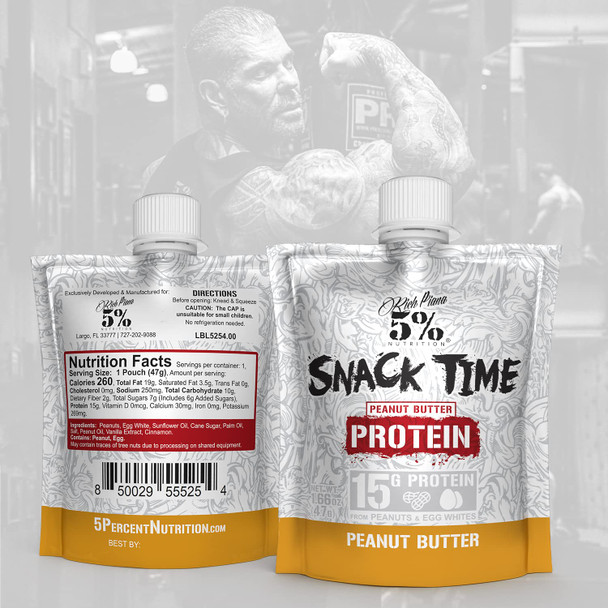 Rich Piana 5% Nutrition Snack Time | Squeezable Protein Shots | High Protein Snack Pouches | Convenient, Real Food Protein from Peanuts & Egg Whites | 10-Count (Peanut Butter)