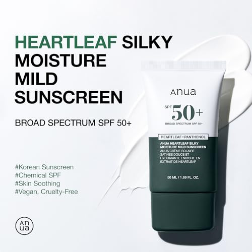 Anua Heartleaf Silky Moisture Mild Sunscreen Broad Spectrum Spf 50+ With Moisturizing Formula Lightweight Korean Sunscreen Natural Finish Vegan Korean Skin Care 50Ml / 1.69 Fl. Oz