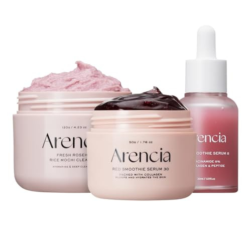 Arencia Red Collagen Jello Skin Trio - Poreless Skin Routine [Rosehip Rice Mochi Cleanser + Overnight Glow Mask Serum + Red Smoothie Serum]