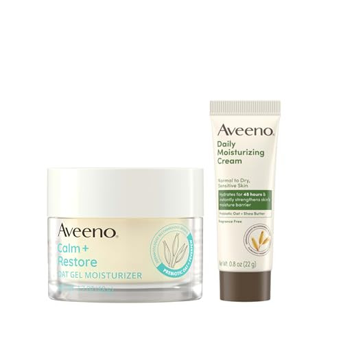 Aveeno Sensitive Skin Moisturizer Bundle Calm + Restore Oat Gel Facial Moisturizer 1.7 Oz & Trial Size Daily Moisturizing Cream + Prebiotic Oat 0.5 Oz Fragrance-Free Two Items