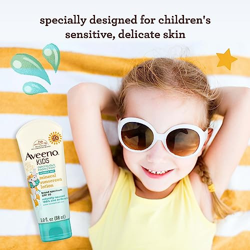 Aveeno Kids Continuous Protection Zinc Oxide Mineral Sunscreen Lotion For Children'S Sensitive Skin With Broad Spectrum Spf 50 Tear-Free Sweat- & Water-Resistant Non-Greasy 3 Fl. Oz