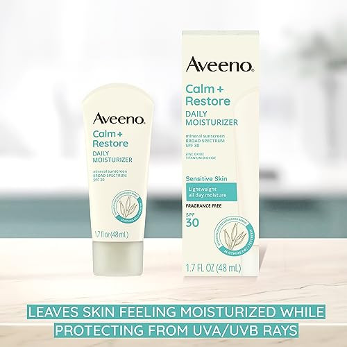 Aveeno Calm + Restore Daily Moisturizer Mineral Sunscreen With Broad Spectrum Spf 30 Lightweight All Day Moisture + Uva/Uvb Sun Protection For Sensitive Skin Fragrance Free 1.7 Fl. Oz
