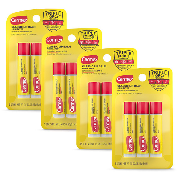 Carmex Classic Medicated Lip Balm Sticks Lip Moisturizer For Chapped Lips 12 Count (4 Packs Of 3)