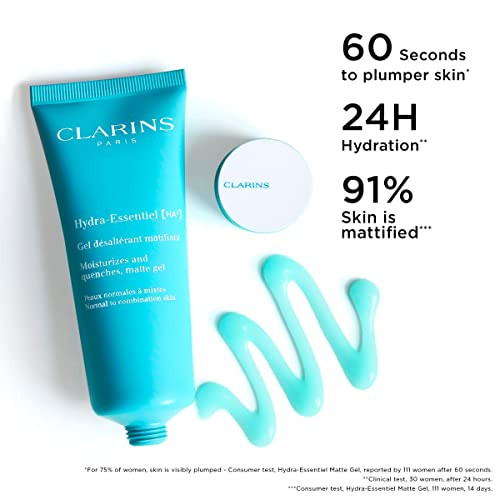 Clarins Hydra-Essentiel Matte Gel|Intensely Hydrating & Mattifying|60 Seconds To Plumper Skin*|Softens & Refreshes|Double Dose Of Hyaluronic Acid|Normal-Combination Skin 2.6 Ounces
