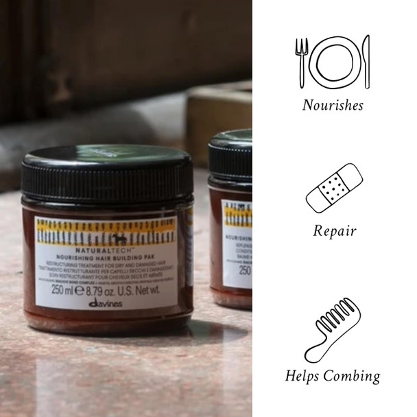 Davines Naturaltech Nourishing Hair Building Pak Restructuring & Hydrating For Dry & Damaged Hair - With Vegetal Keratin - Deep Repair Mask For Damaged Strands 8.45 Fl Oz
