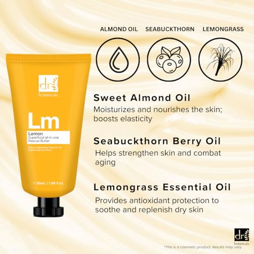 Dr Botanicals Lemon Rescue Body Butter W/Shea - Spa Quality Moisturizer - Dry Skin - Feet - Elbows - Knees - Coconut Lemongrass & Almond Oil - Penetrates Fast - Soft Supple & Radiant 1.69Oz