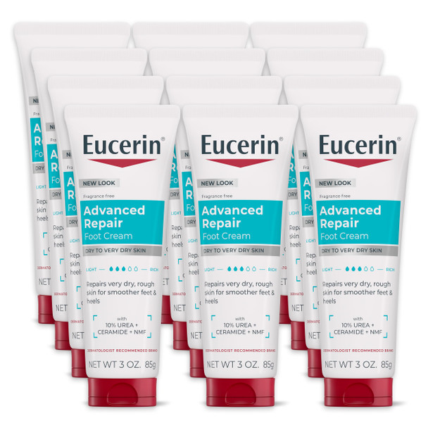 Eucerin Advanced Repair Foot Cream Unscented Foot Cream For Dry Feet And Heels 3 Oz Tube Pack Of 12