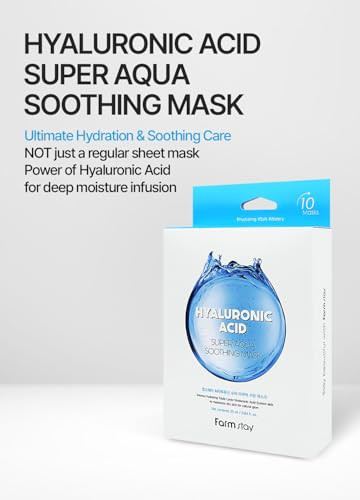 Farmstay Hyaluronic Acid Super Aqua Soothing Mask - Deep Hydration & Skin Calming Sheet Mask With Hyaluronic Acid - Moisturizing Care For All Skin Types 0.84 Fl.Oz*10 Sheets