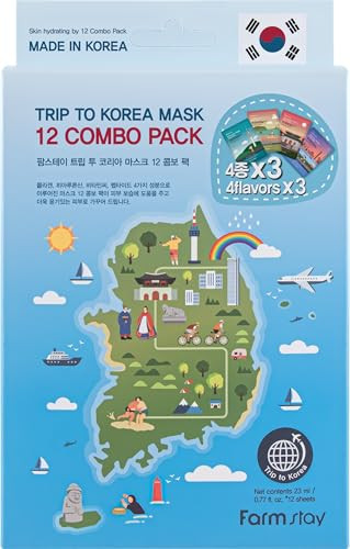 Farmstay Trip To Korea Facial Mask Sheet 12 Combo Pack Korean Skincare Mask Combo HypoallergenicMoisturizingNourishingVitalizing Refreshing0.77 Fl.Oz.*12 Ea