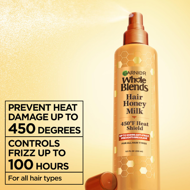 Garnier Whole Blends Hair Honey Milk 450F Heat Protectant Spray For All Hair Types With Up To 100 Hrs Of Frizz Control 8.5 Fl Oz 2 Count