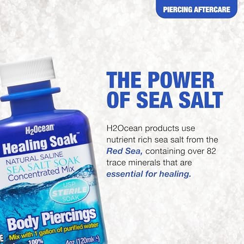 H2Ocean Healing Soak Piercing & Wound Sea Salt Bath - Sea Salt Saline Solution For Piercing & Wound Care - Soothing Aftercare For Body Piercings 4 Oz