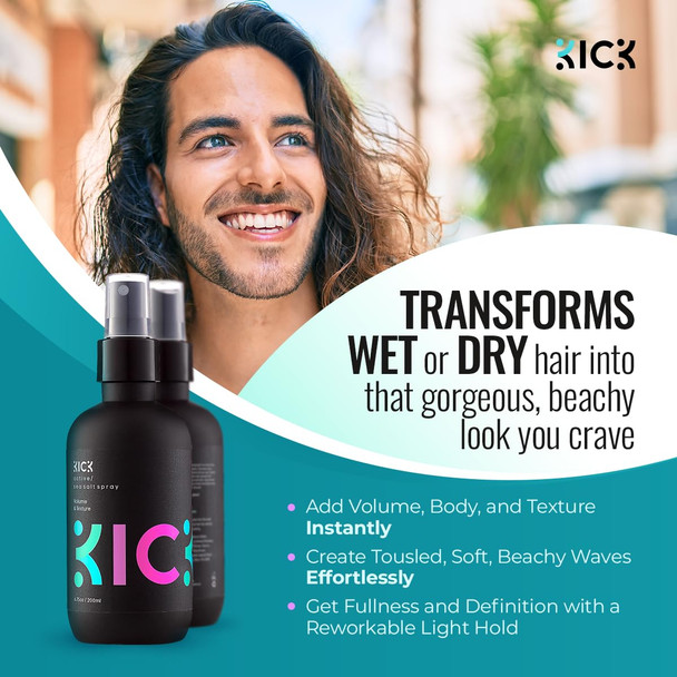 Kick Sea Salt Spray For Men - Beach Wave And Surfer Hair Style - Salt Water For Hair - Natural Texture And Volume Hair Spray 200Ml