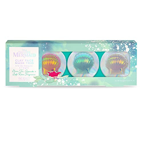 Mad Beauty Disney The Little Mermaid Clay Face Mask Trio 3-Pack Green Tea Avocado & Soft Rose All Enriched With Aloe Vera Extract Skin Care Great For Gorgeous Mermaids