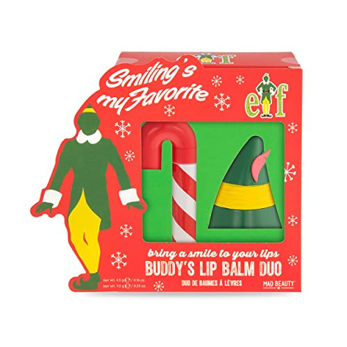 Mad Beauty Warner Bros Elf Lip Balm Duo Candy Cane & Elf Hat Sweet Fruity Fragrance Moisturizing Travel Size Christmas Holidays