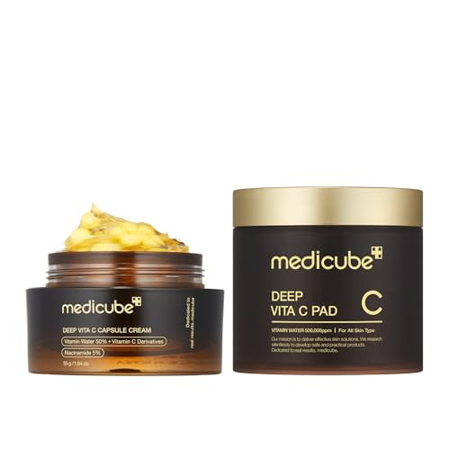 Medicube Skin Duo For Uneven Skin: Deep Vita C Toner Pads And Deep Vitamin C Golden Capsule Face Moisturizer