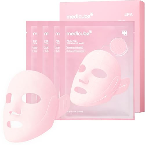 Medicube Pdrn Pink Tension Up Mask | 3-Step V-Line Mask For Contoured-Looking Chin & Jawline | Full-Face Firming Care With Salmon Pdrn Nad & Caffeine | Korean Skincare 34G X 4Ea + Tightening Band