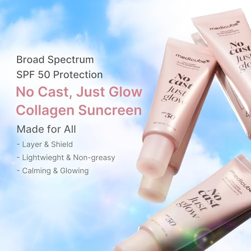 Medicube No Cast Just Glow Collagen Sunscreen | Spf 50 Broad Spectrum Face Sunscreen | Lightweight Non-Sticky Hydrating Formula | Peptide Cica For Soothing & Glow | Korean Skincare