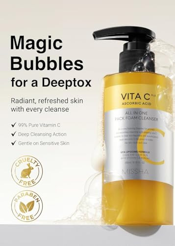 Missha Vita C All-In-One Bubble Foam Facial Cleanser 6.76 Fl Oz / 200Ml- Deep Pore Detox Magic Bubbles With 99% Pure Vitamin C Korean Face Wash - Removes Impurities Makeup Blackheads Whiteheads