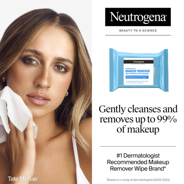 Neutrogena Fragrance-Free Makeup Remover Wipes Daily Ultra-Soft Micellar Cleansing Wipes Gently Remove Oil & Waterproof Makeup Hypoallergenic Made With Plant-Based Cloth 25 Ct