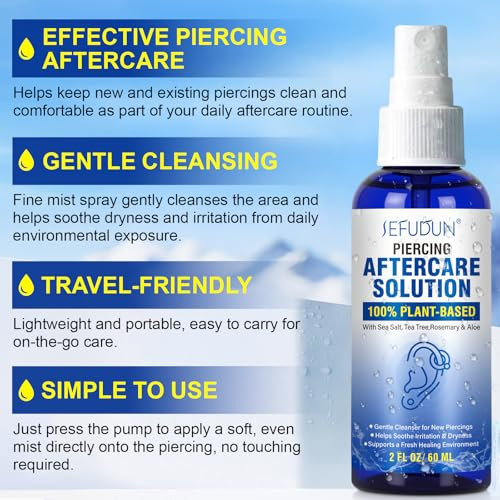 Nifeishi Piercing Aftercare Spray Saline Spray For Piercings Cleaner For Ear Belly & Nose - Gently Cleanses - Soothing & Gentle 2 Fl Oz