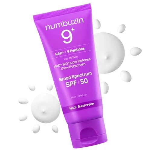 Numbuzin No.9 Sunscreen | Super Defense Glow Sunscreen | Broad Spectrum Spf 50 | For All Skin Types & Skin Tones | Glowing Dewy Finish Water-Resistant | No White Cast Korean Skincare 1.69 Fl. Oz