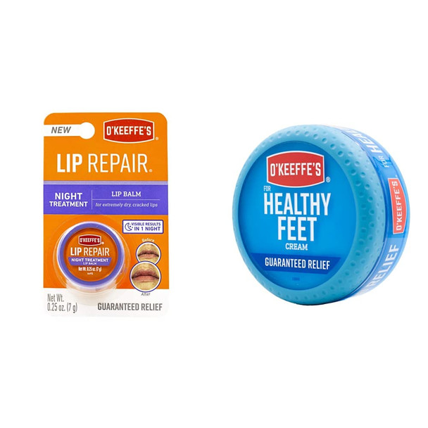 O'Keeffe'S Lip Repair Night Treatment Lip Balm.25 Ounce Jar (Pack Of 1) & O'Keeffe'S For Healthy Feet Foot Cream 3.2 Oz Jar