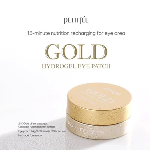 Petitfee Gold Hydrogel Eye Patch 60Ea (30Pairs) - 24K Gold Eye Mask For Moisturizing Glowy Skin Hydrating Skin Elasticity Youthful Complexion Ginseng Collagen