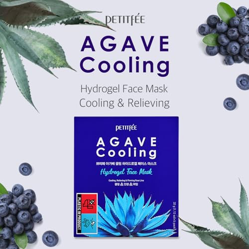 Petitfee Agave Cooling Hydrogel Face Mask 5Ea - Quick Calming Facial Mask With Blue Energy Complex Agave Blueberry Eggplant Caffeine Extracts Moisturizing Soothing Care