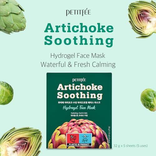 Petitfee Artichoke Soothing Hydrogel Face Mask 5Ea - Soothing Facial Mask With Artichoke Mugwort Cabbage Broccoli Extracts Hydrating Calming Care