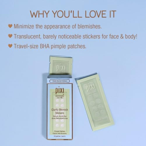 Pixi Clarity Blemish Stickers | Pimple Patches With Salicylic Acid Green Tea & Cica For Clear & Balanced Skin | Translucent & Gentle | On-The-Go Spot Treatment 24 Patches