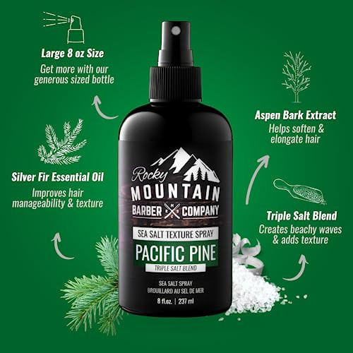 Rocky Mountain Barber Company Sea Salt Spray For Men - Adds Volume Texture And Light Hold For All Hair Types - Triple Salt Blend 8 Oz