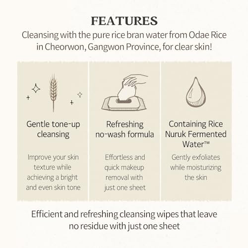 Skinfood Rice Cleansing Wipes - Daily Hypoallergenic Rice Nourishing Makeup Remover Tissue Wipe - Facial Skin Clear & Refreshed - Korean Beauty Face Wipes For Women - Travel Makeup Wipes (80 Sheets)