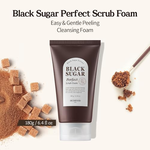 Skinfood Black Sugar Perfect Scrub Foam 180G - Detoxifying Pore Scrubs & Exfoliator Soft & Rich Bubble Facial Foam Cleanser Removes Dead Skin Cells - Exfoliating Skincare For Men & Women (6.35 Oz)