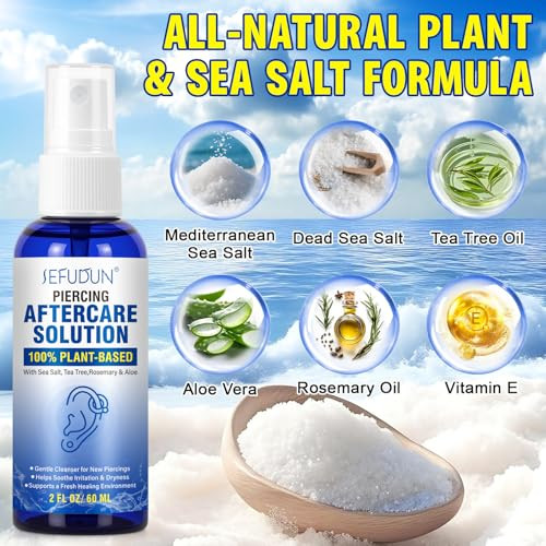 Zixbmhyj Piercing Aftercare Spray 2 Fl Oz Saline Sea Salt Cleanser With Aloe Vera Tea Tree & Rosemary Alcohol-Free Fine Mist For Ear Nose Belly Button & Cartilage Piercings