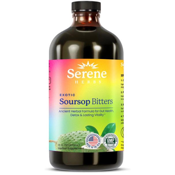 Serene Herbs Soursop Bitters Liquid, Botanical Blend with Soursop Leaf, Black Seed, Moringa, Irish Moss, Ashwagandha & Turmeric, 16 fl oz, Liquid Herbal Formula for Daily Wellness Routine
