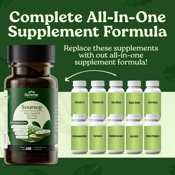 Serene Herbs 17-in-1 Sea Moss Capsules with Irish Seamoss Black Seed Oil Ashwagandha Turmeric & Bladderwrack - Advanced Immunity Energy & Gut Support - Natural Herbal Supplement - 60 Count