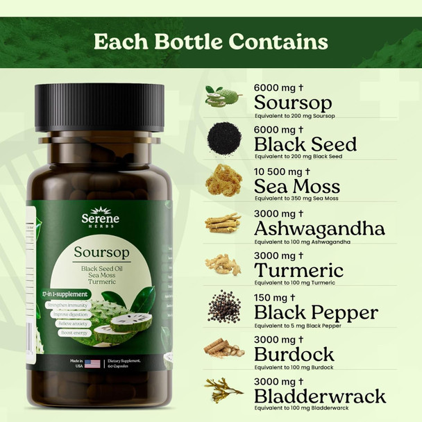 Serene Herbs 17-in-1 Sea Moss Capsules with Irish Seamoss Black Seed Oil Ashwagandha Turmeric & Bladderwrack - Advanced Immunity Energy & Gut Support - Natural Herbal Supplement - 60 Count