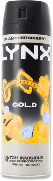 Lynx Men Gold DeodorantBody Spray Antiperspirant with ProScent technology and an oud wood & fresh vanilla scent for 72 hours protection against odour and wetness 200 ml