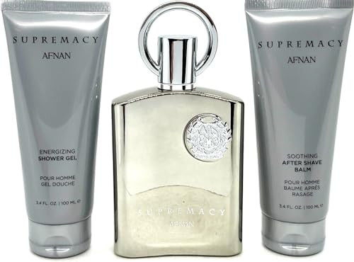 Afnan Supremacy Silver 3-Piece Set For Men (3.4 Oz Eau De Parfum Spray + Oz Body Lotion + Shower Gel)