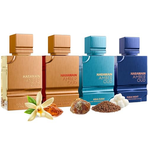 Al Haramain Amber Oud Eau De Parfum 4Pc 10Ml Each Mini Perfume Set For Women & Men Cologne Set Unisex Arabian Perfume Sampler With Gold & Ruby Edition Dubai Night And Aqua Dubai Fragrances