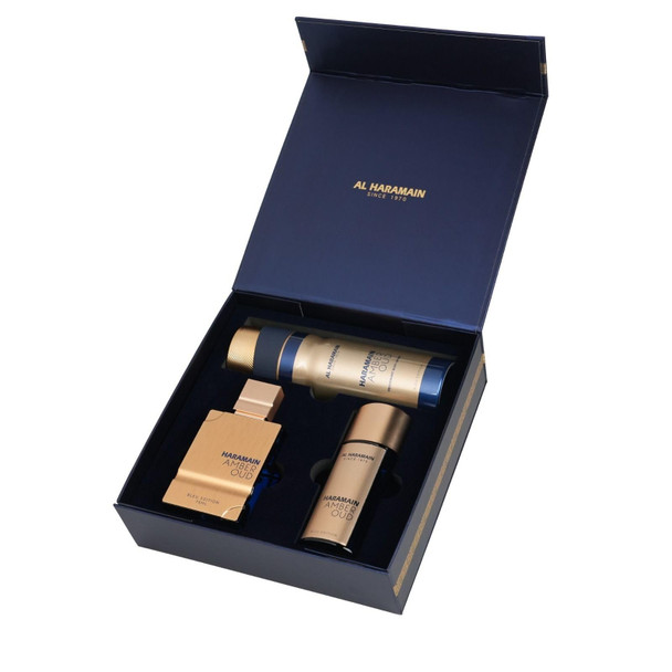 Al Haramain Amber Oud Bleu Edition Arabian Perfume Set For Men And Women - 2.5 Oz Eau De Parfum 1 Oz Edp And 6.6 Oz Body Spray 3 Piece Set