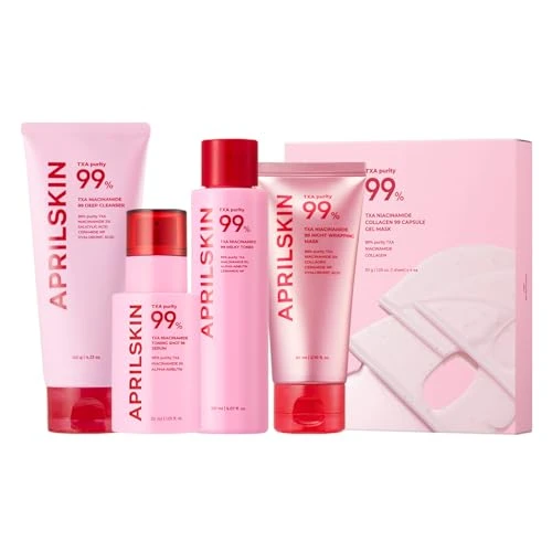 Aprilskin Txa Pink Skincare Full Set: Bubble Gum Deep Cleanser Toning Shot Spicule Facial Serum Pink Milky Toner Overnight Wrapping Mask And Capsule Gel Mask