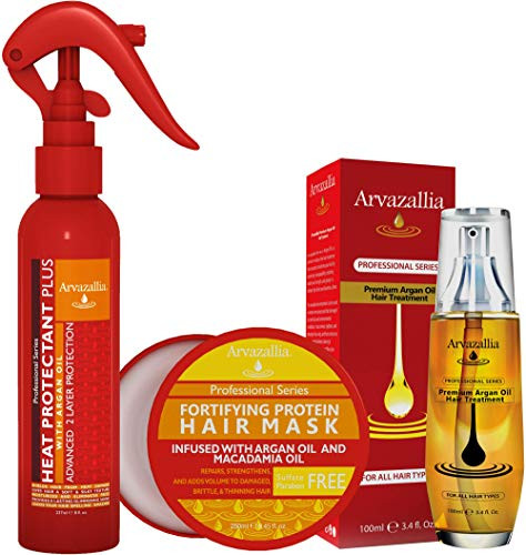 Arvazallia Heat Protectant Protein Hair Mask And Argan Oil Hair Treatment Bundle - Ultimate Hair Care For Heat Damage Protection Repair And Strengthening