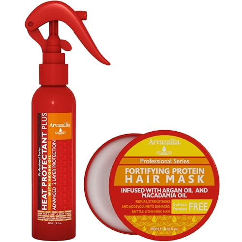 Arvazallia Fortifying Protein Hair Mask And Deep Conditioner With Argan Oil And Macadamia Oil And Heat Protectant Plus With Argan Oil Bundle Advanced Strength And Thermal Shield Treatment